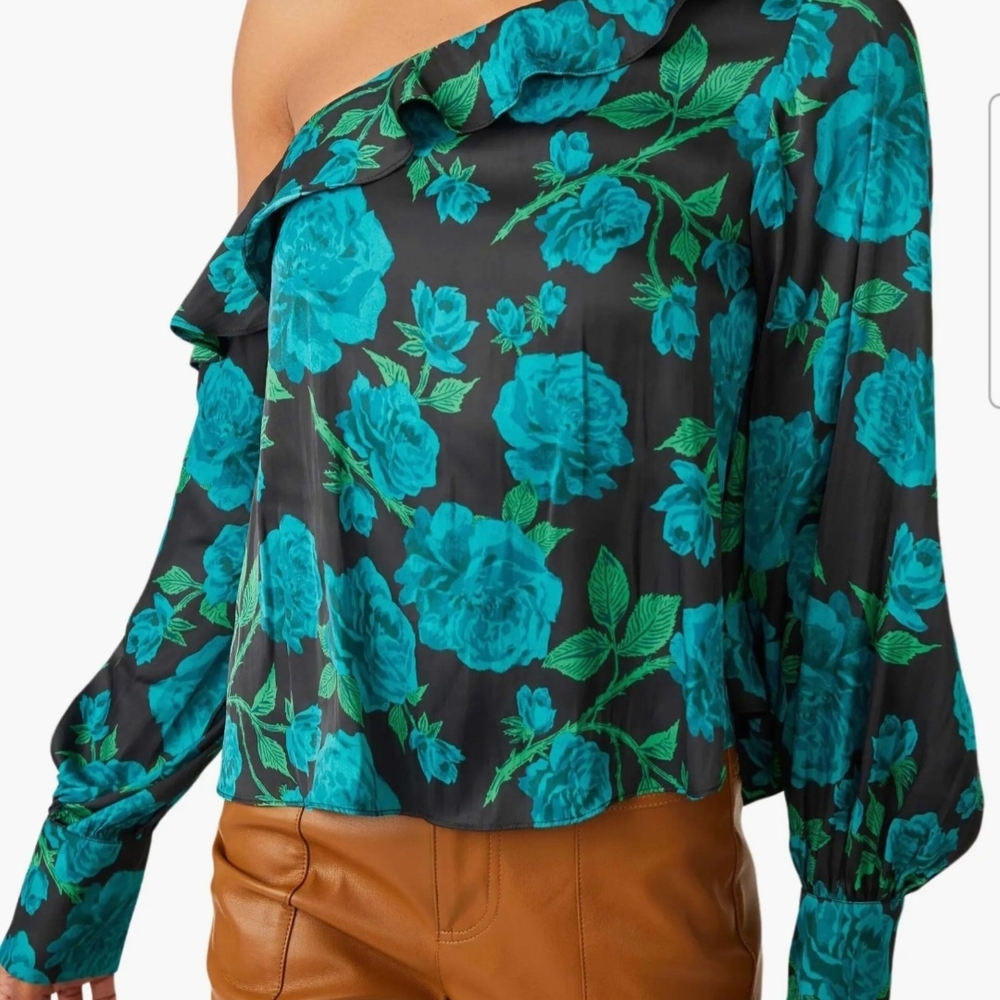 Free People One-Shoulder Floral Blouse in Teal and Green